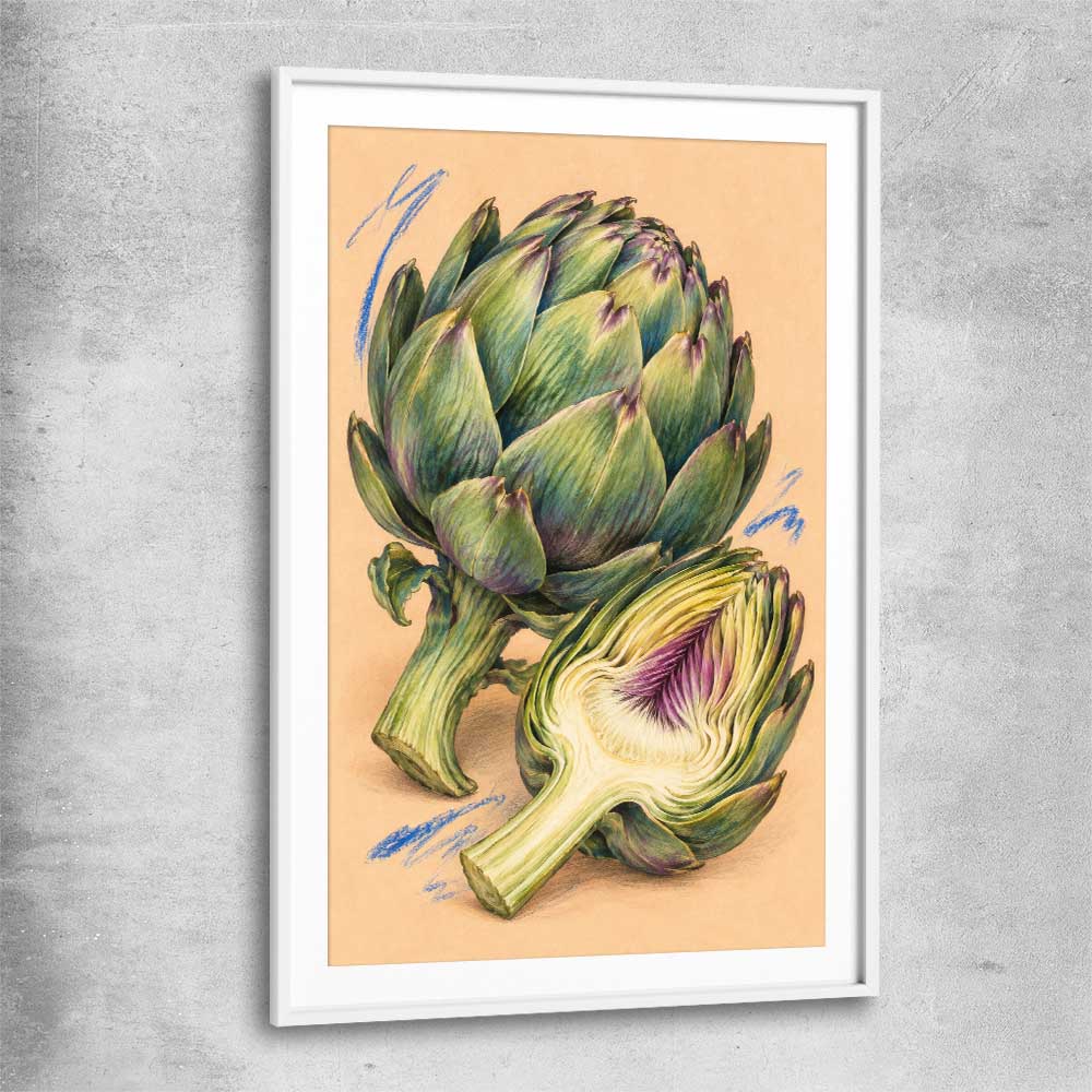 Sculptural Artichokes white glass front frame is a colourful and stylish canvas wall art and print suited for the kitchen area