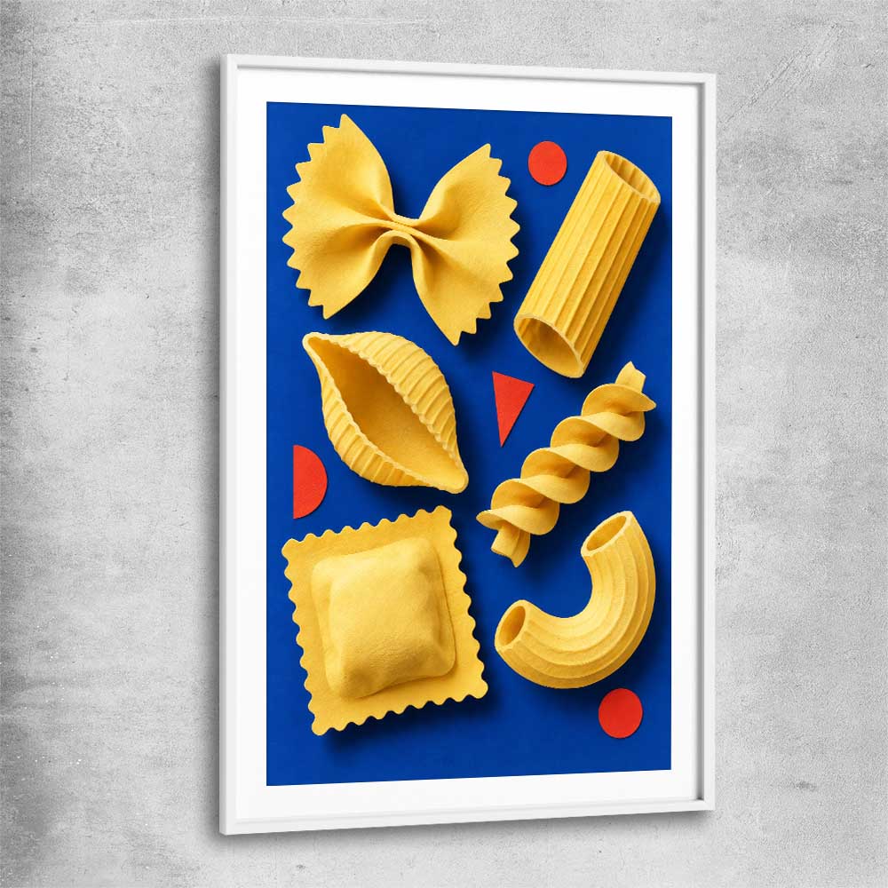 Sculptural Pasta white glass front frame is a colourful and stylish canvas wall art and print suited for the kitchen area