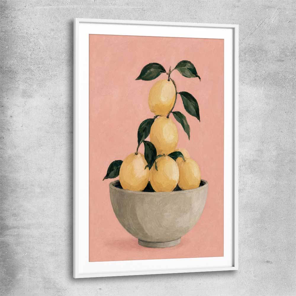 Sicilian Lemons white glass front frame is a colourful and stylish canvas wall art and print suited for the kitchen area