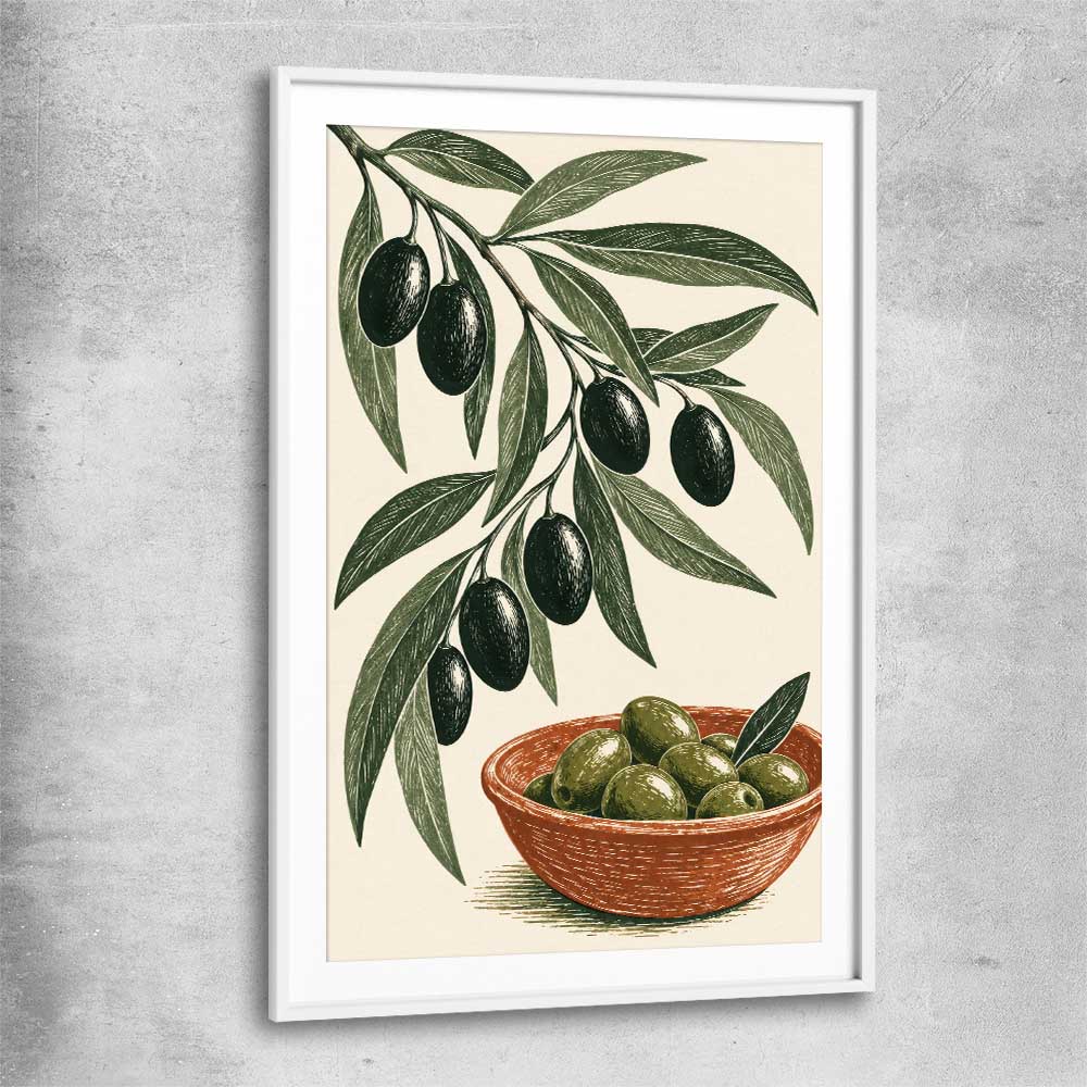 Terracotta Olive Branch white glass front frame is a colourful and stylish canvas wall art and print suited for the kitchen area