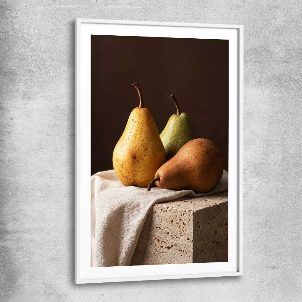 Three Pears white glass front frame is a colourful and stylish canvas wall art and print suited for the kitchen area