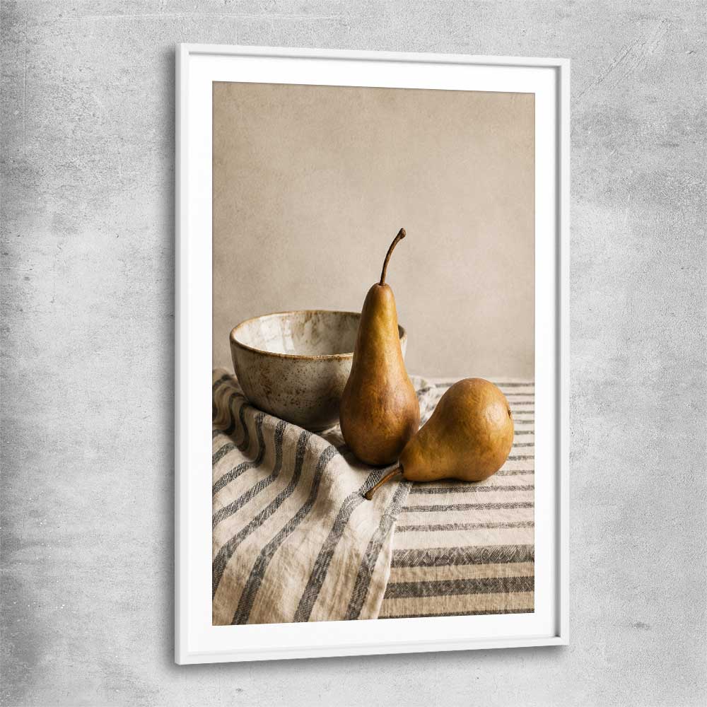 Tuscan Pears white glass front frame is a colourful and stylish canvas wall art and print suited for the kitchen area
