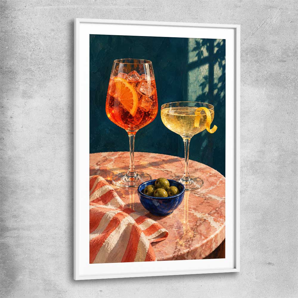 Twilight Aperitivo white glass front frame is a colourful and stylish canvas wall art and print suited for the kitchen area