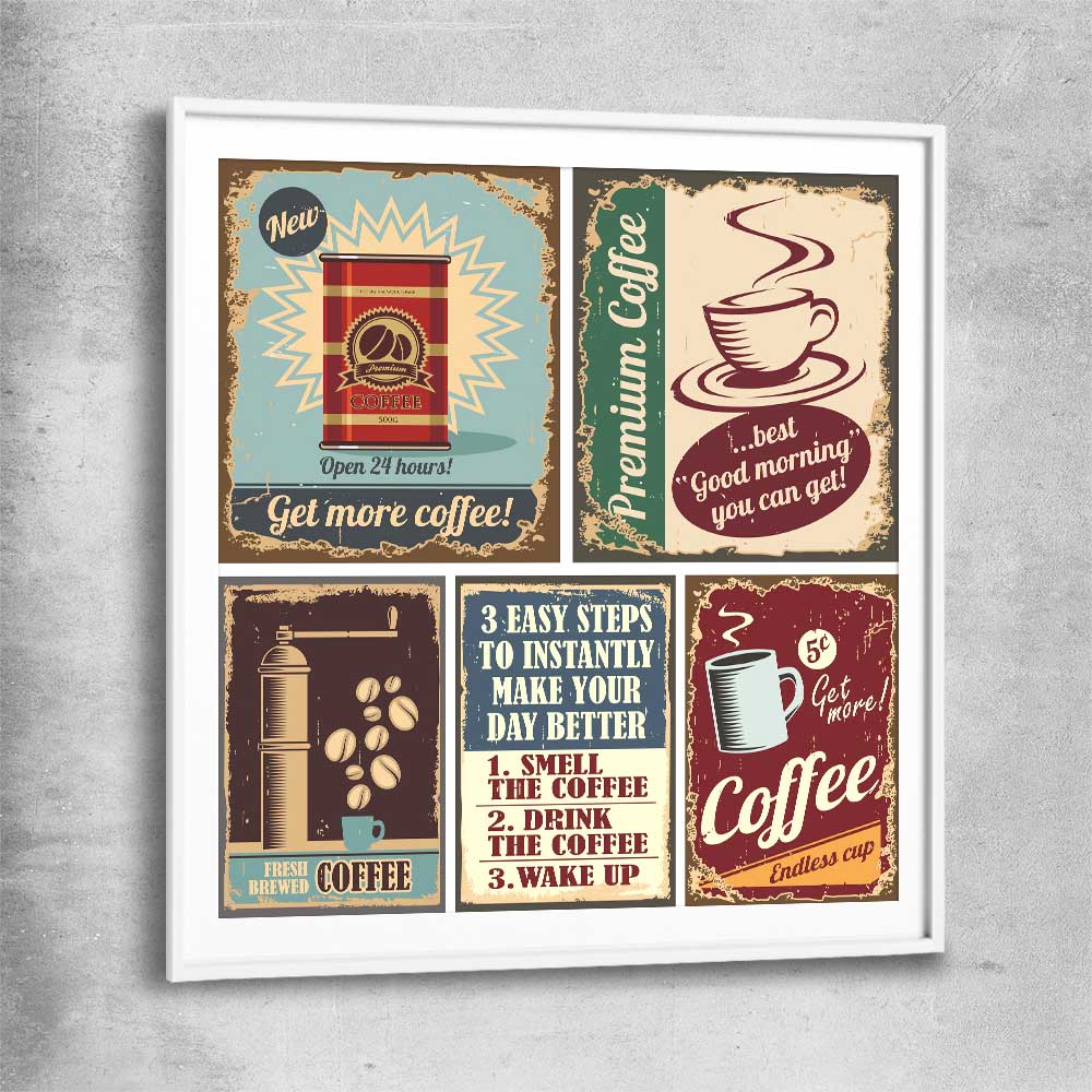 Vintage Coffee Collection white glass front frame is a colourful and stylish canvas wall art and print suited for the kitchen area