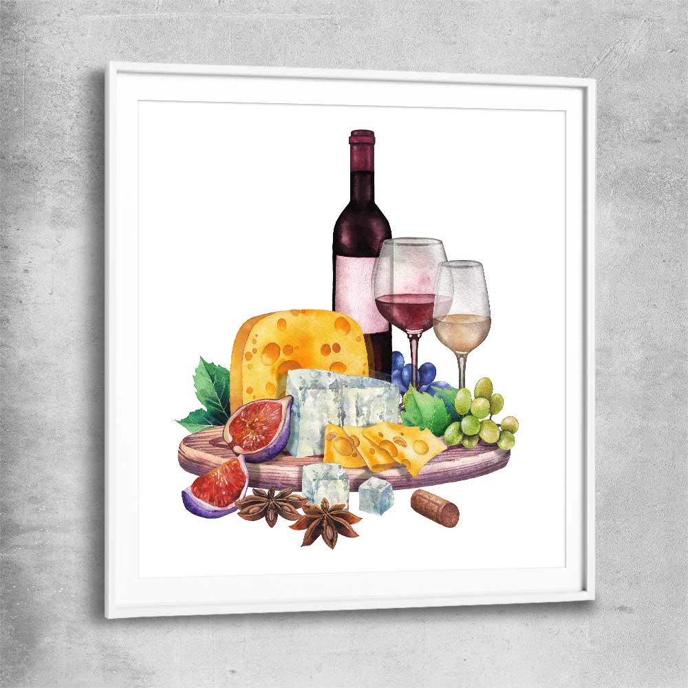 Wine and Cheese Feast white glass front frame is a colourful and stylish canvas wall art and print suited for the kitchen area