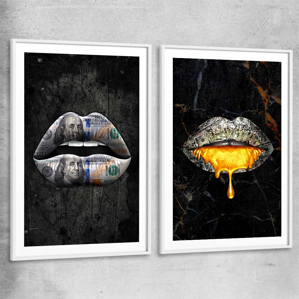 Money Lips Pair white glass front frame - part of our high quality canvas lips wall art collection