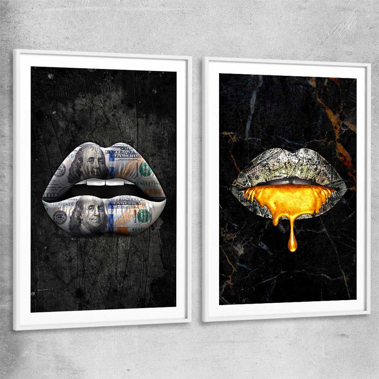 Money Lips Pair white glass front frame - part of our high quality canvas lips wall art collection