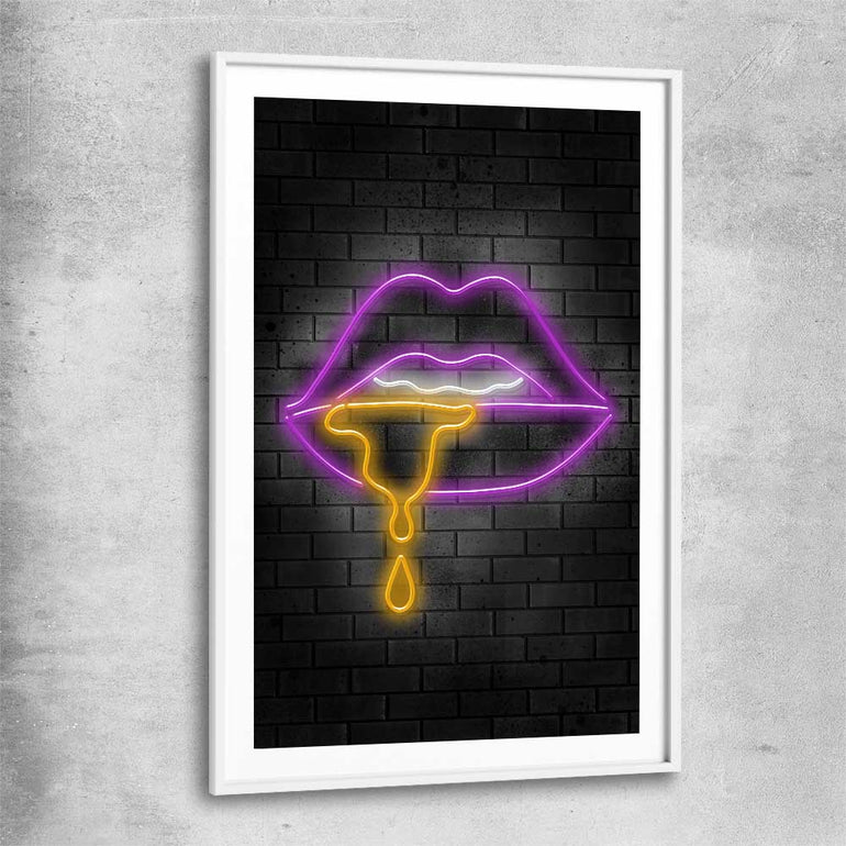 Neon Lips white glass front frame - part of our high quality canvas lips wall art collection