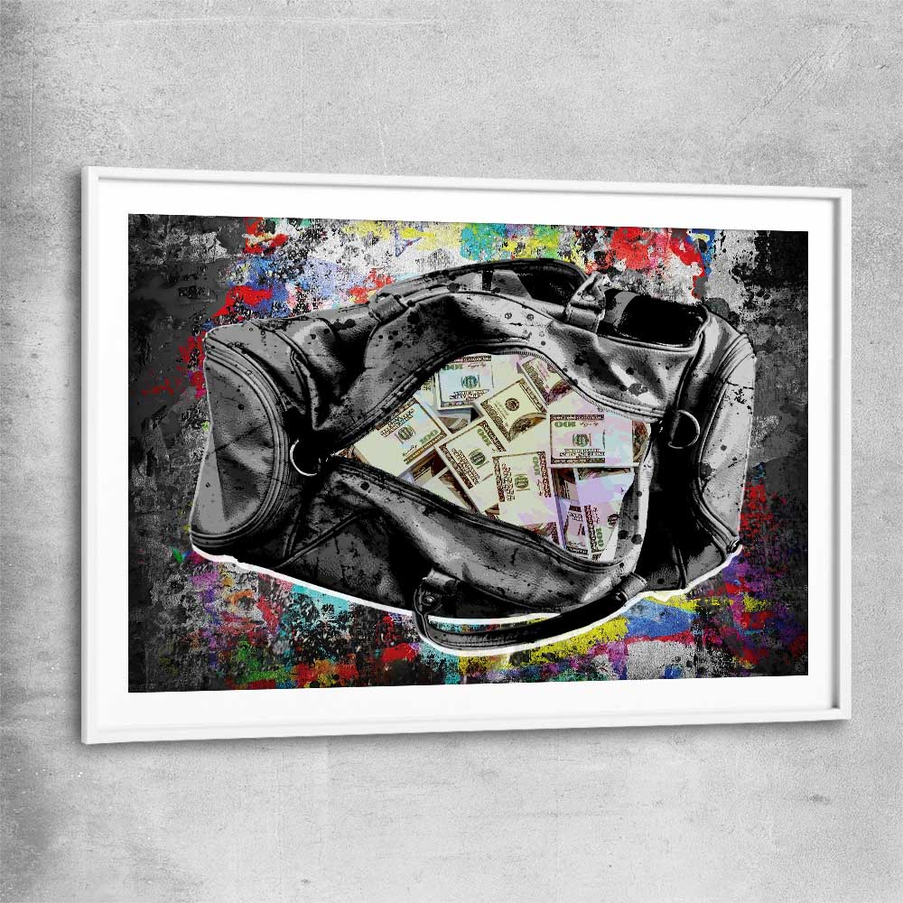 Money wall art print of Cash Duffel with white glass front frame