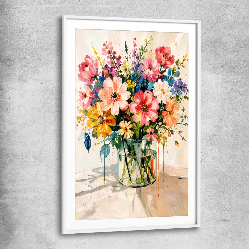 Floral print of Colourful Blooms with white glass front frame