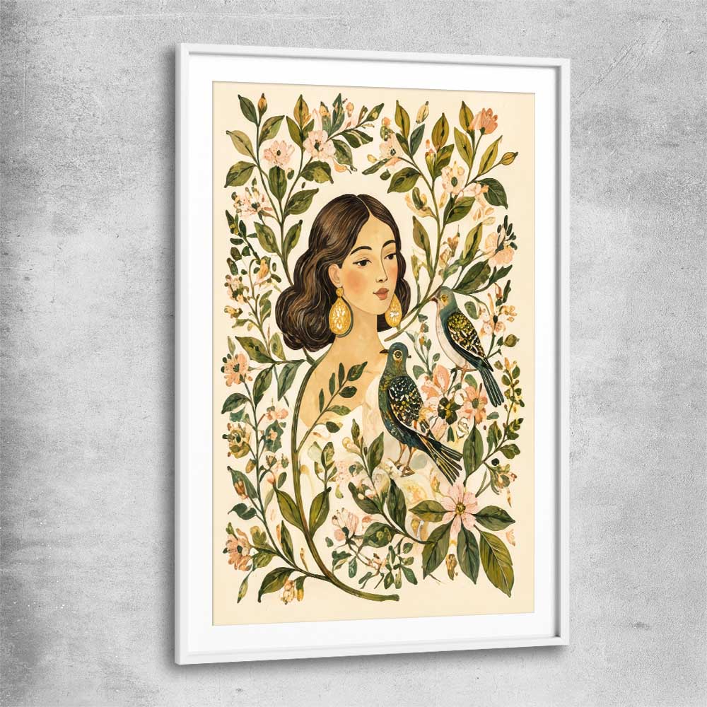 Floral print of Garden Muse with white glass front frame