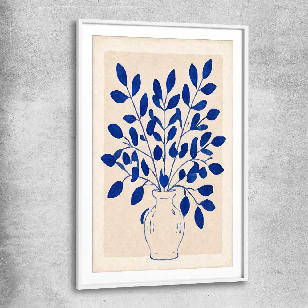 Floral print of Indigo Botanica with white glass front frame