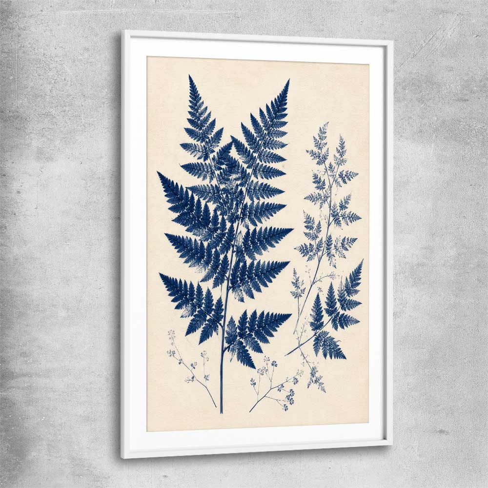 Floral print of Indigo Fern with white glass front frame