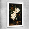 Floral print of Midnight Magnolia with white glass front frame