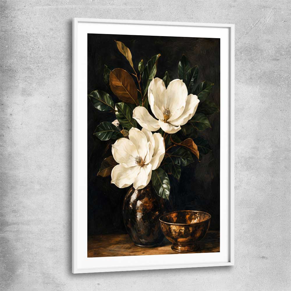 Floral print of Midnight Magnolia with white glass front frame
