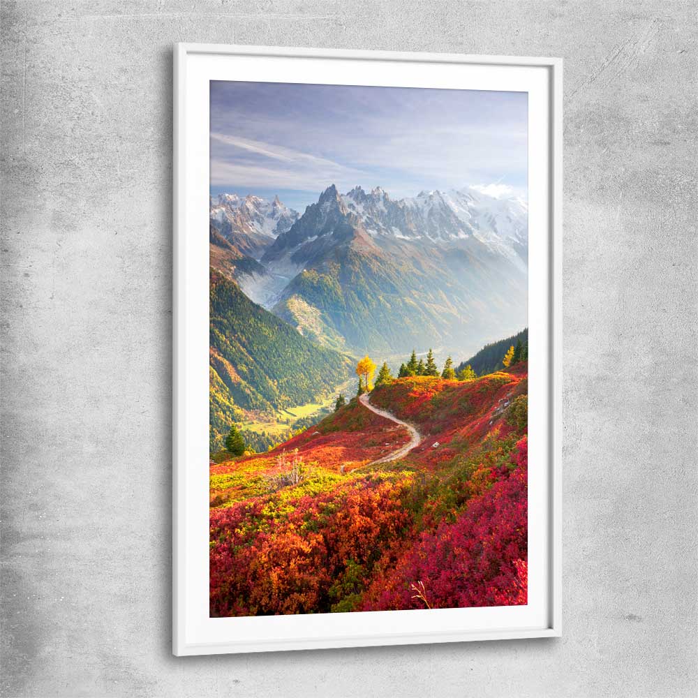 Floral print of Mont Blanc Autumn Valley with white glass front frame