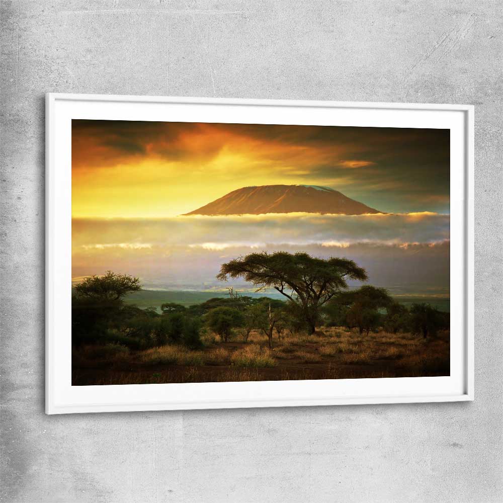 Floral print of Mount Kilimanjaro Sunset with white glass front frame