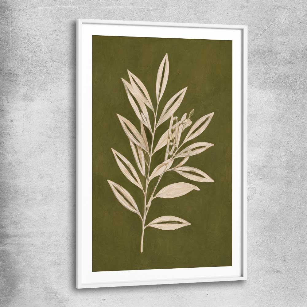 Floral print of Olive Branch with white glass front frame