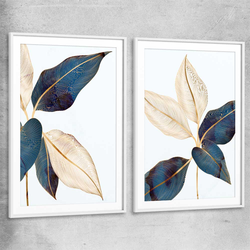 Floral print of Botanic Blue Pair with white glass front frame