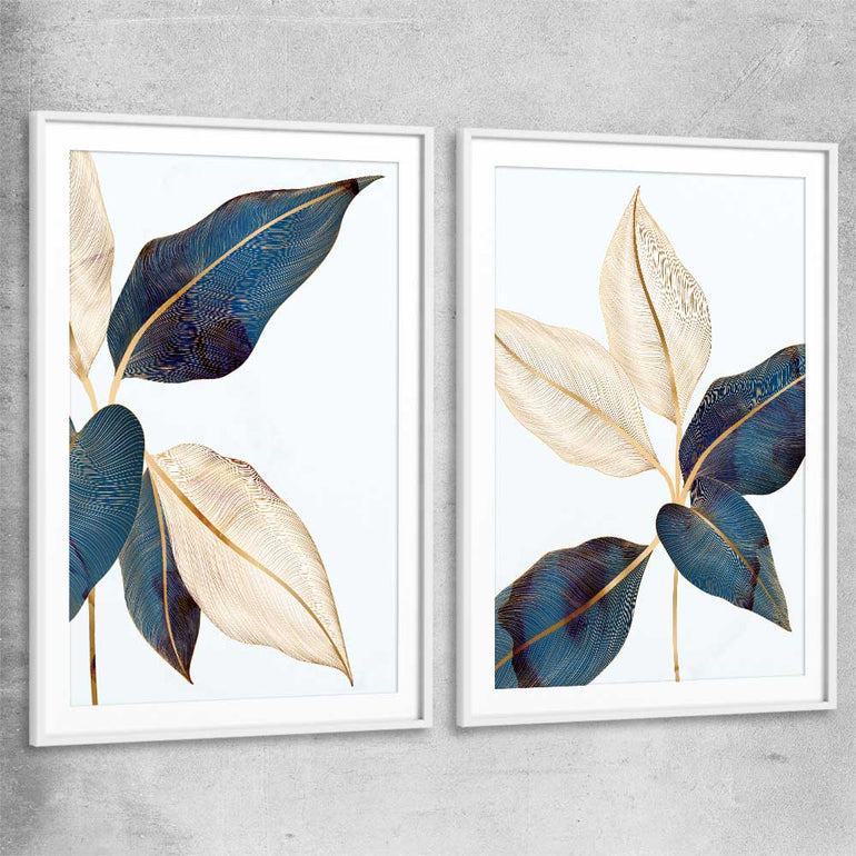 Floral print of Botanic Blue Pair with white glass front frame