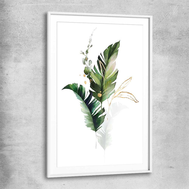 Floral print of Botanic Gold One with white glass front frame
