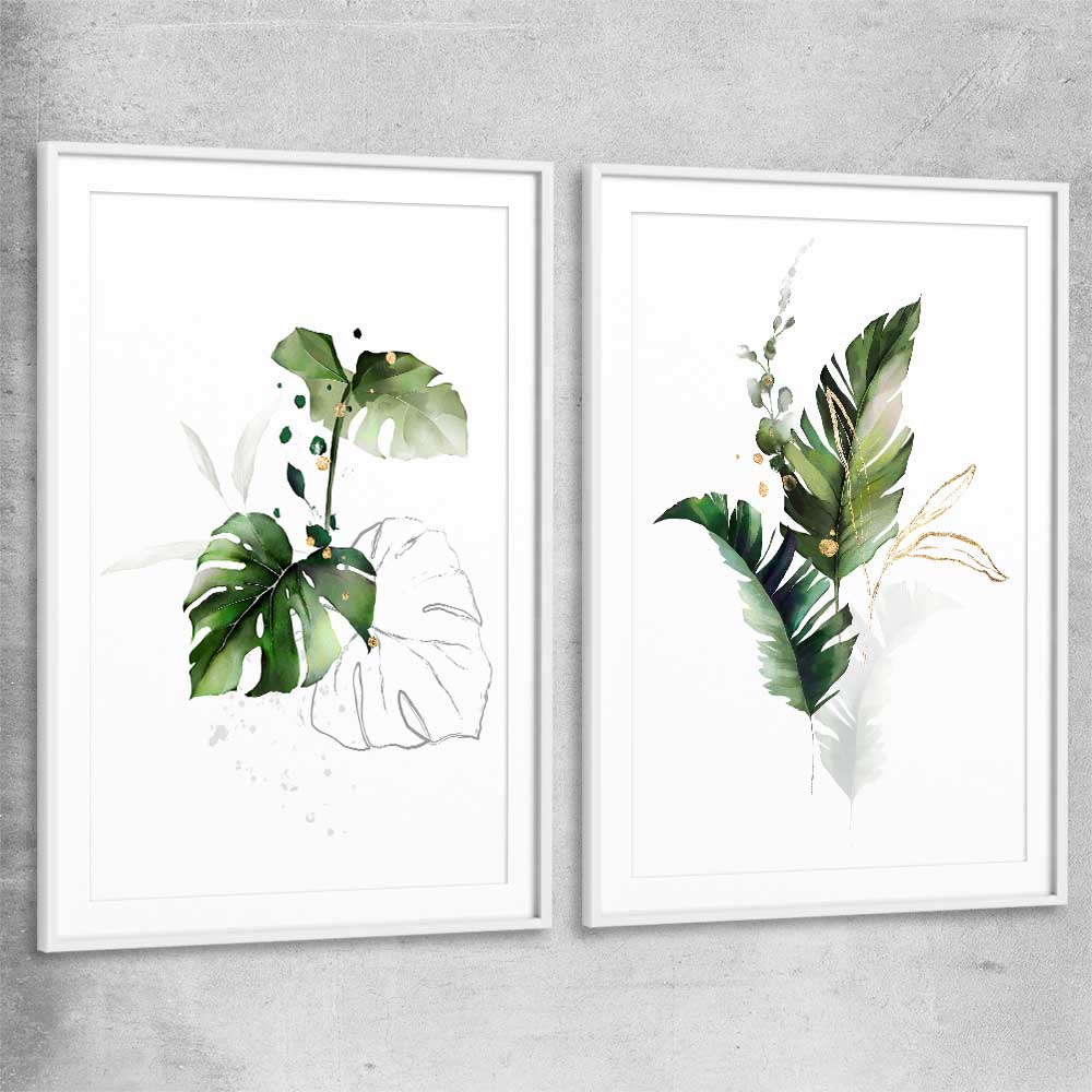 Floral print of Botanic Gold Pair with white glass front frame