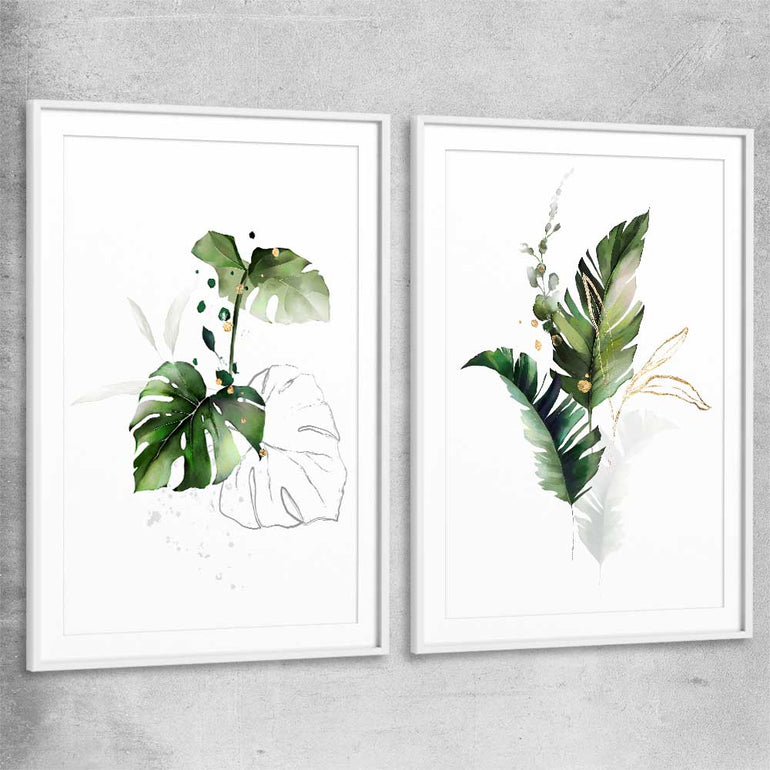 Floral print of Botanic Gold Pair with white glass front frame