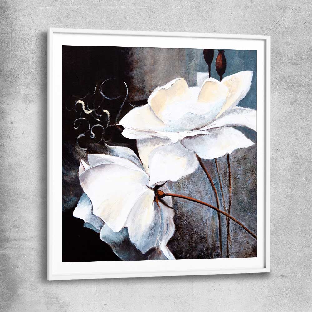Floral print of Calming White Flowers with white glass front frame