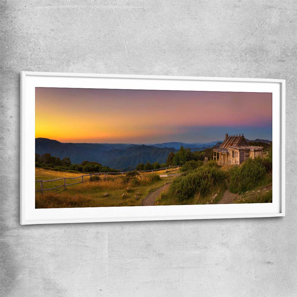 Floral print of Craigs Hut Victorian Alps with white glass front frame