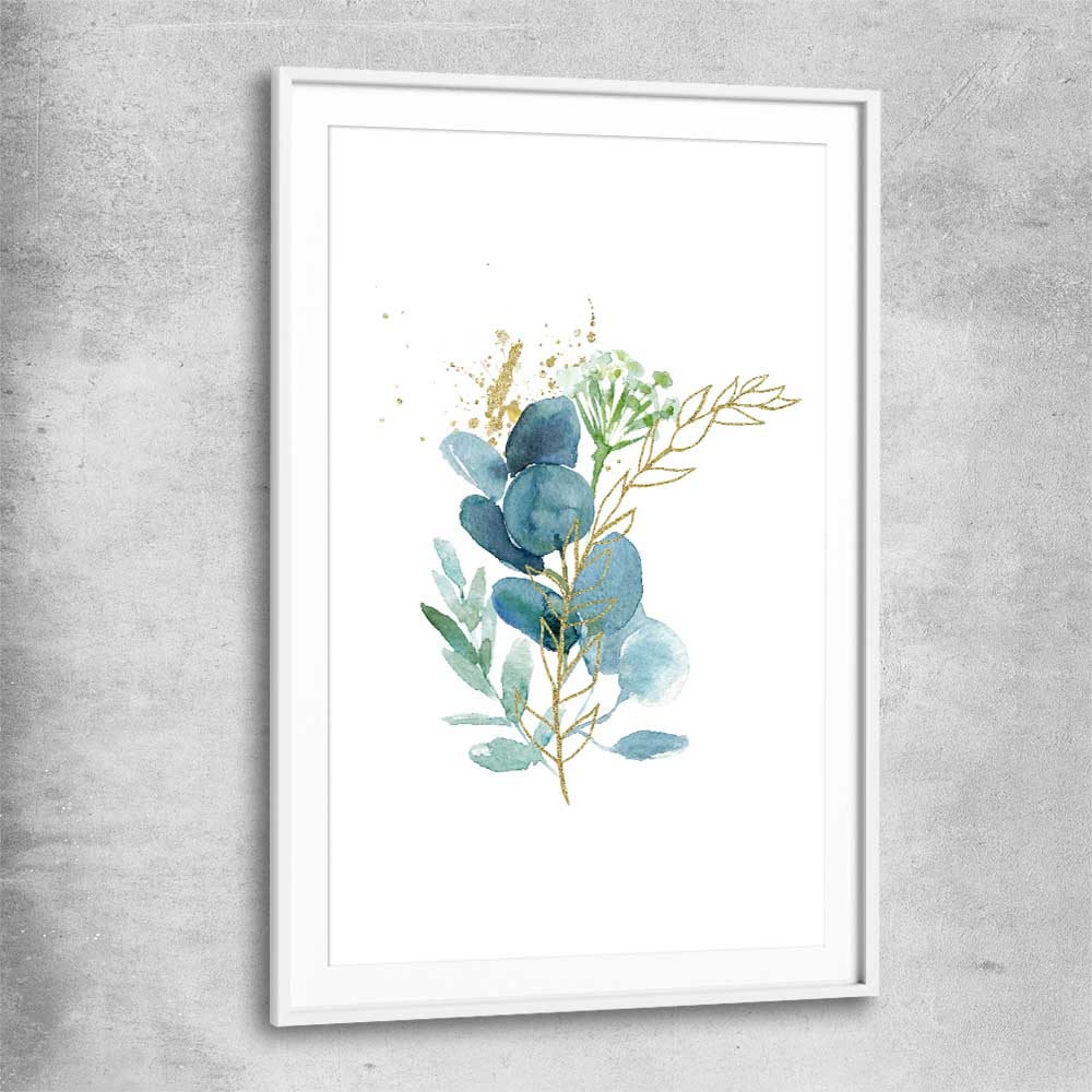 Floral print of Eucalyptus Bunch One with white glass front frame