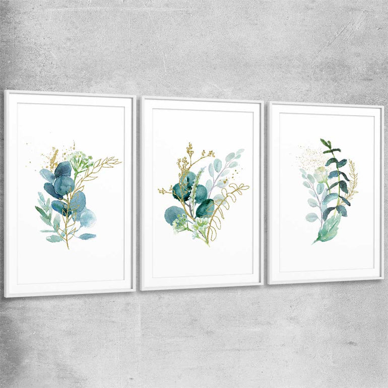 Floral print of Eucalyptus Bunch Set with white glass front frame