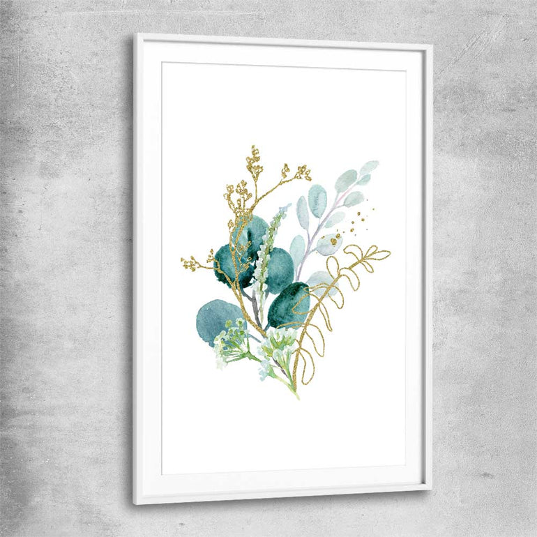Floral print of Eucalyptus Bunch Two with white glass front frame