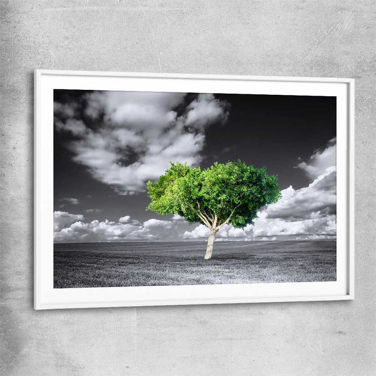 Floral print of Green Tree Horizon with white glass front frame