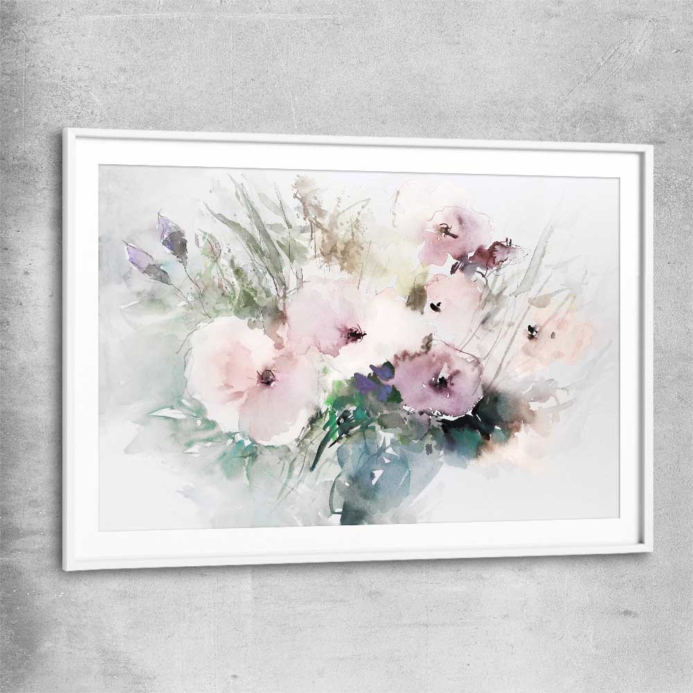 Floral print of Light Poppy Flowers with white glass front frame