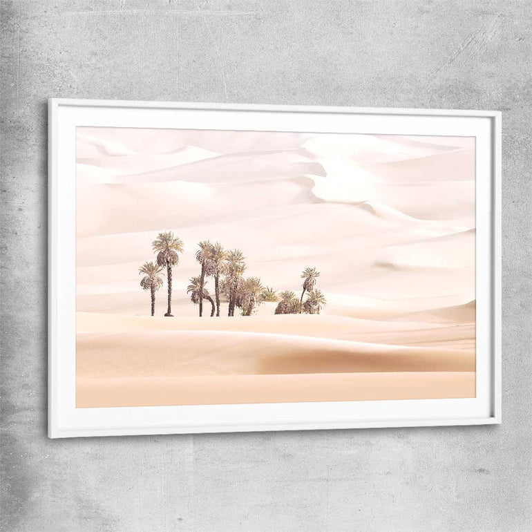Floral print of Oasis Dunes with white glass front frame