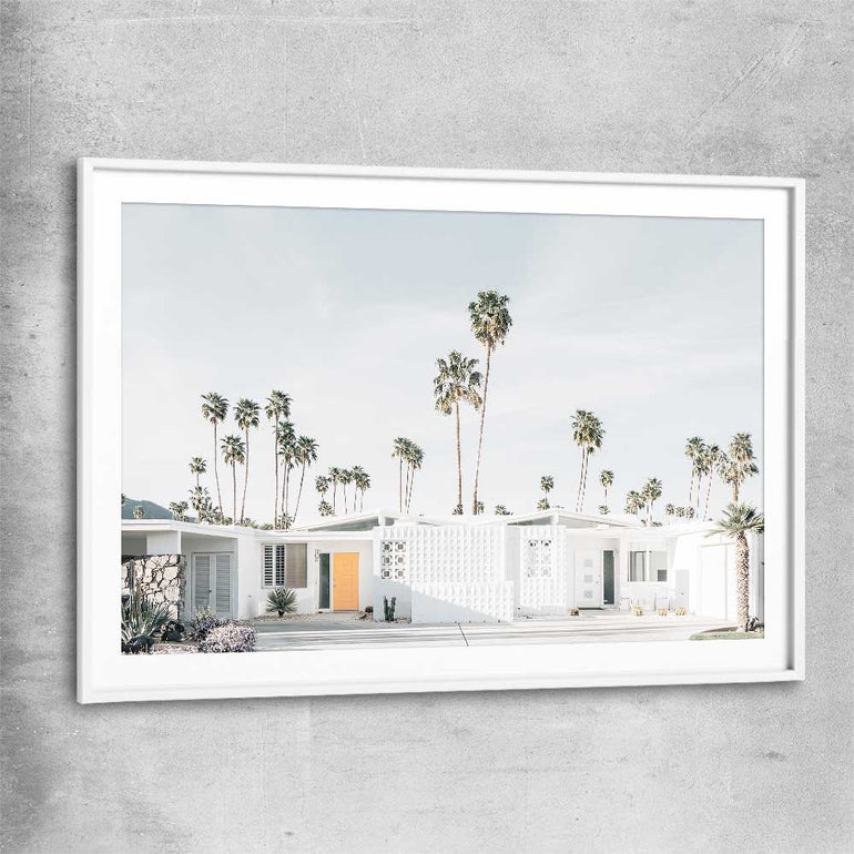 Floral print of Palm Springs with white glass front frame