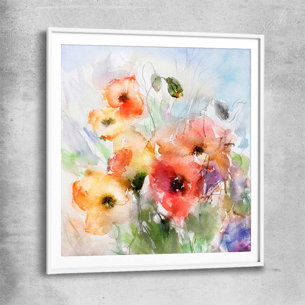 Floral print of Red Watercolour Poppies with white glass front frame