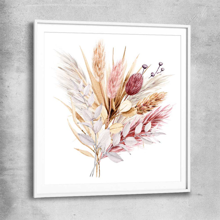Floral print of Rustic Pampas with white glass front frame