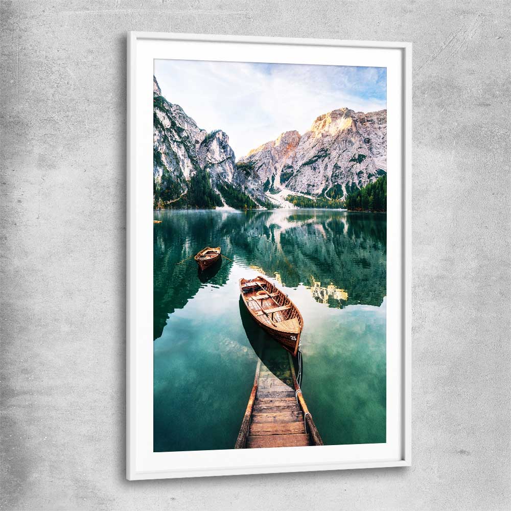 Floral print of Tranquil Lake with white glass front frame