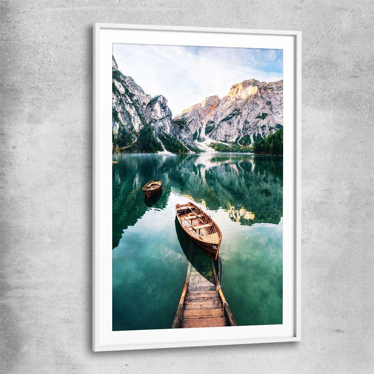 Floral print of Tranquil Lake with white glass front frame