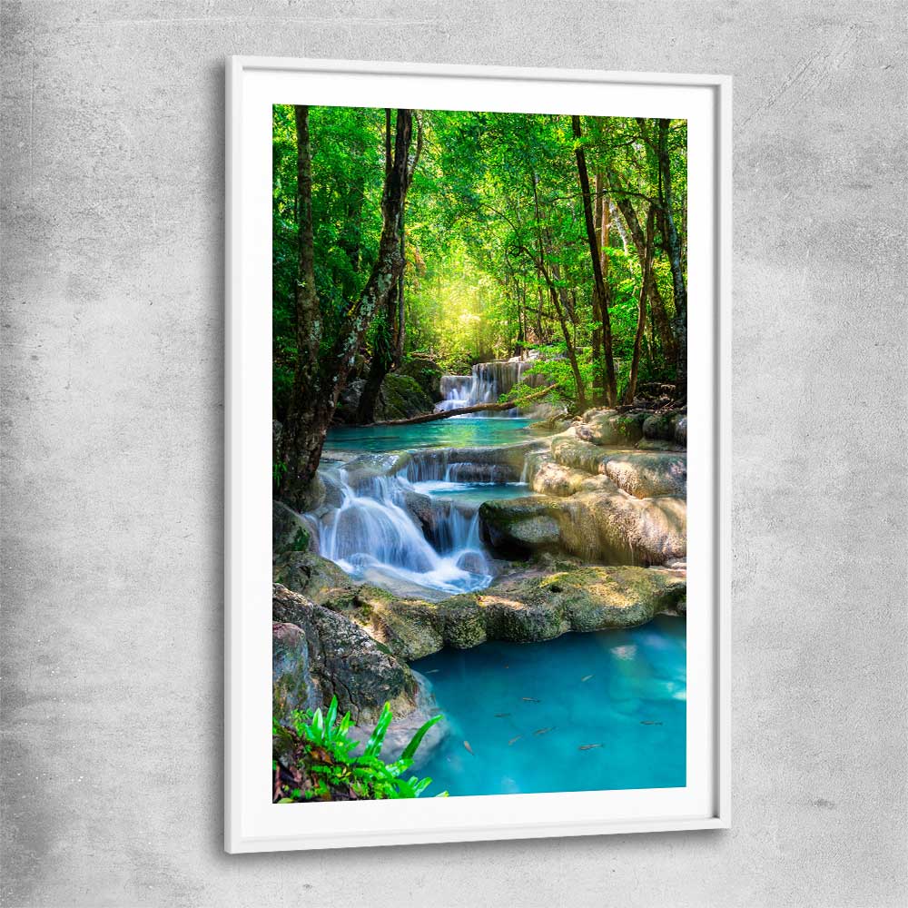 Floral print of Tropical Thailand Waterfall with white glass front frame