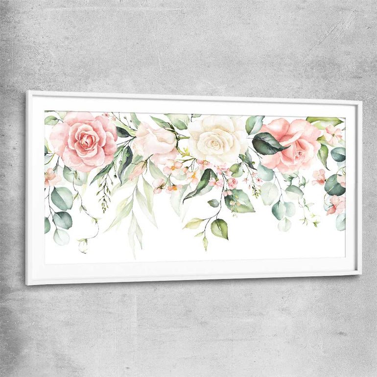 Floral print of Vivid Blossom with white glass front frame