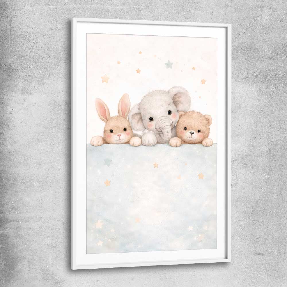Baby Animal Trio white glass front frame is a nursery canvas wall art and print suited for childrens nursery area