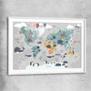 Cartoon World Map white glass front frame is a nursery canvas wall art and print suited for childrens nursery area