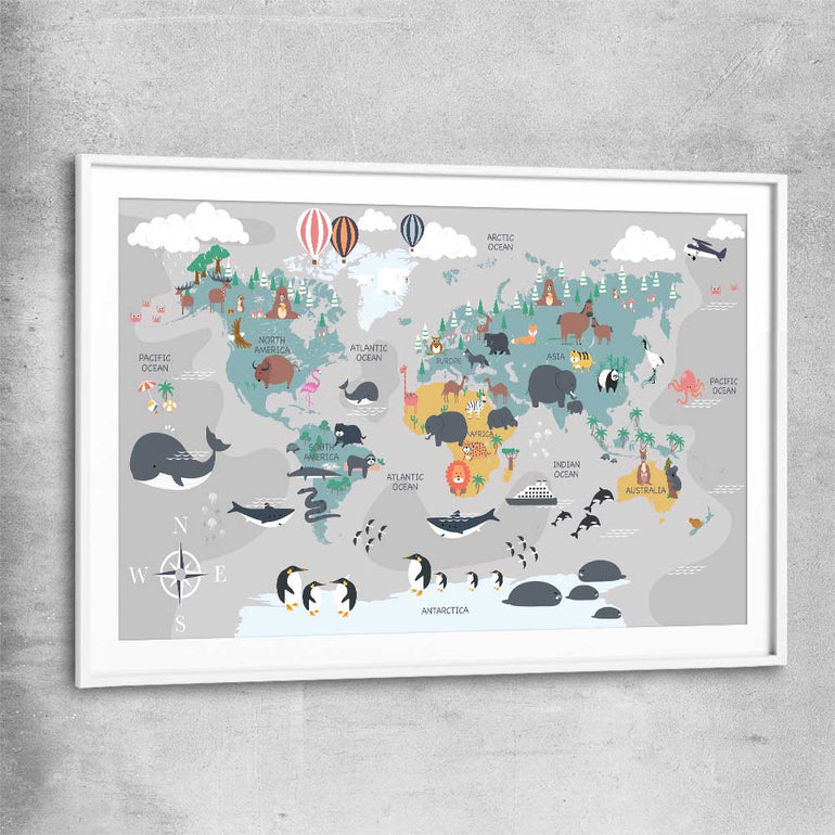 Cartoon World Map white glass front frame is a nursery canvas wall art and print suited for childrens nursery area
