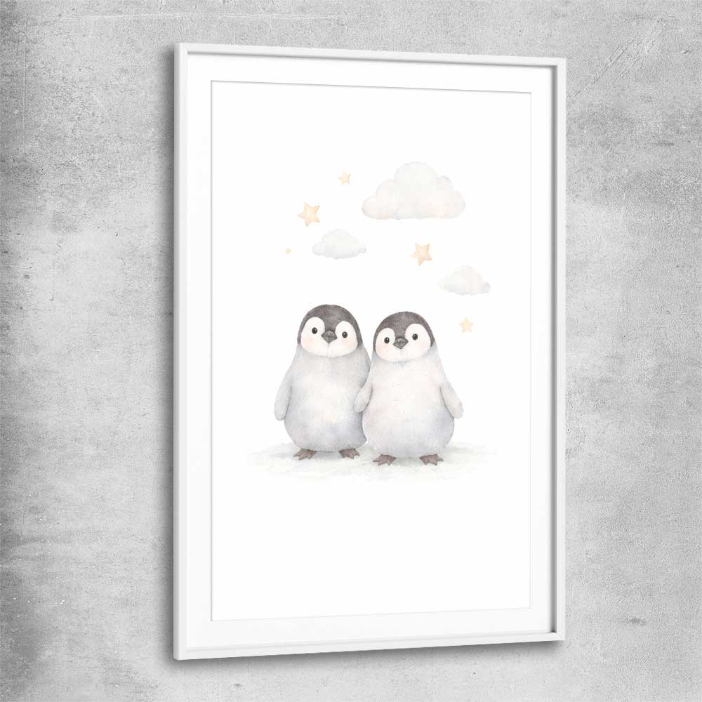Cute Penguins white glass front frame is a nursery canvas wall art and print suited for childrens nursery area
