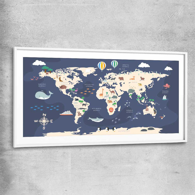 Discovery Map white glass front frame is a nursery canvas wall art and print suited for childrens nursery area
