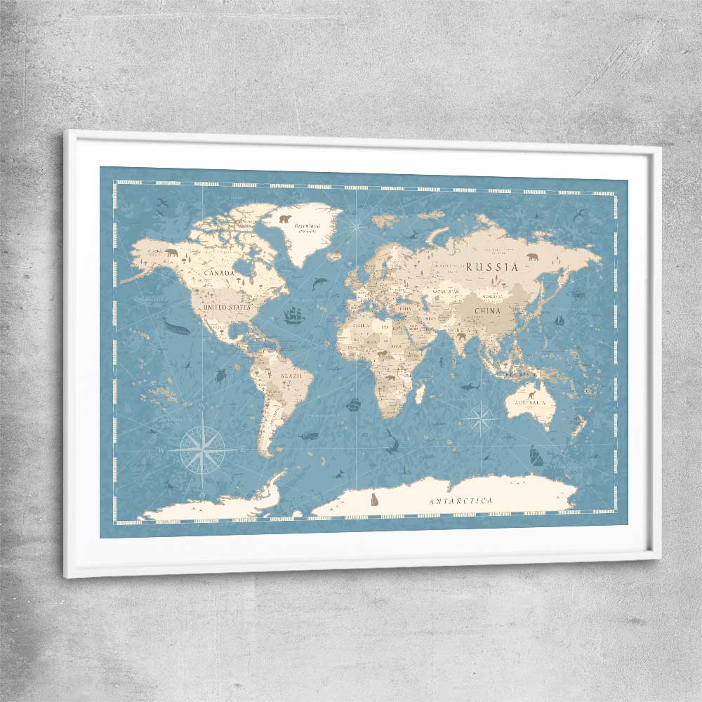 Education Map Blue white glass front frame is a nursery canvas wall art and print suited for childrens nursery area