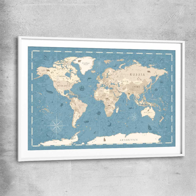 Education Map Blue white glass front frame is a nursery canvas wall art and print suited for childrens nursery area