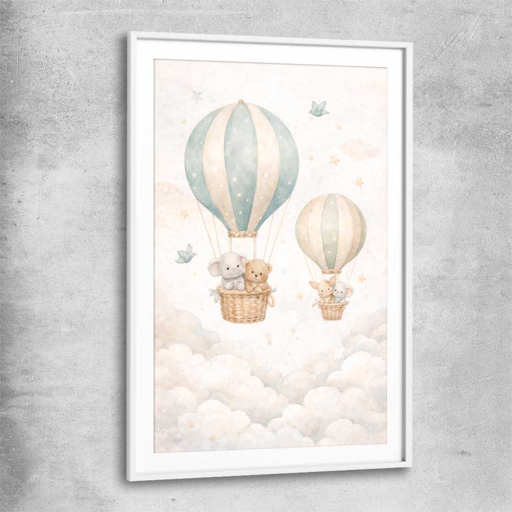 Floating Dreams white glass front frame is a nursery canvas wall art and print suited for childrens nursery area